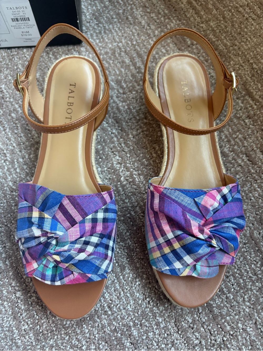 NWT Talbots Multi-Color Plaid Knot Front Slingback Sandals with Tan Straps